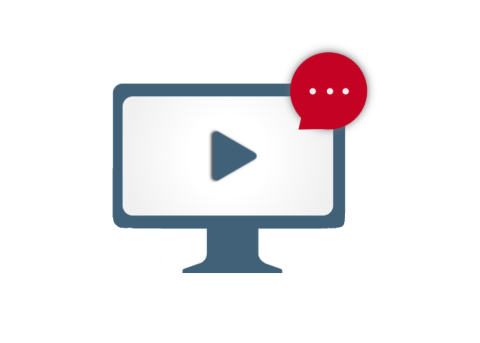 Icon of computer screen with play symbol and a red text bubble with three dots on the right corner.
